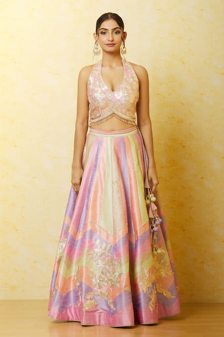 Buy_Vandana Sethi_Multi Color Silk Tassels, Crystals, Gota Patti Floral Embellished Lehenga Set 