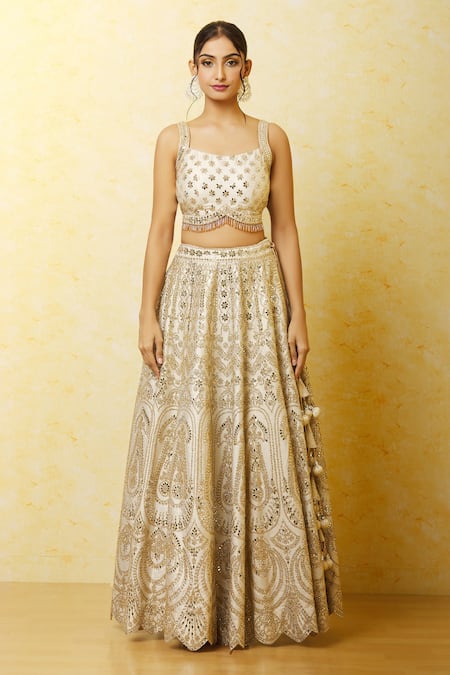 Shop Vandana Sethi Ivory , Organza Embroidery, Mirrors Round Neck Embellished Lehenga Set Online at Aza Fashions Shop_Vandana Sethi_Ivory , Organza Embroidery, Mirrors Round Neck Embellished Lehenga Set _Online_at_Aza_Fashions