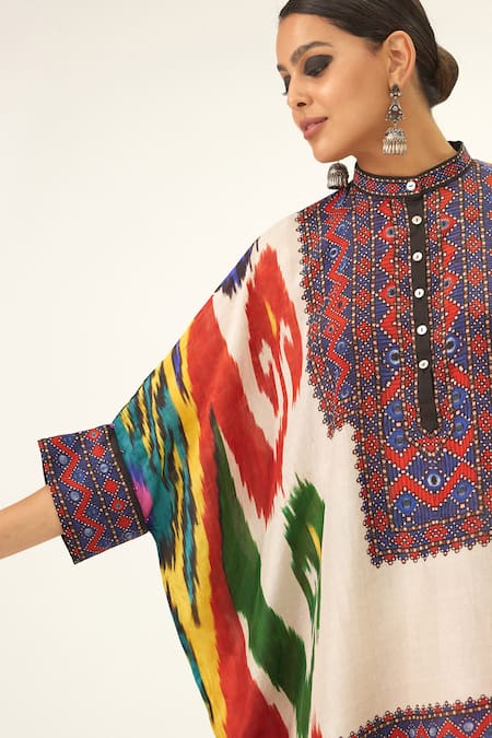 Shop_Rajdeep Ranawat_Multi Color Silk Embroidery Bandeau Neck Chanel Abstract Print Tunic_Online_at_Aza_Fashions
