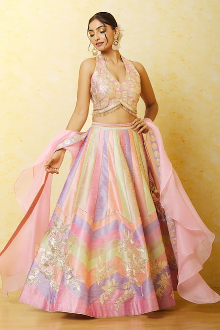 Shop_Vandana Sethi_Multi Color Silk Tassels, Crystals, Gota Patti Floral Embellished Lehenga Set _Online_at_Aza_Fashions