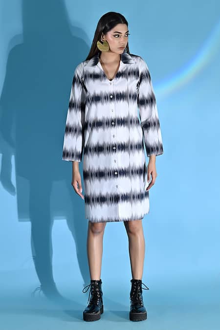 Jyoti Sachdev Iyer_White Cotton Shawl Neck Abstract Print Shirt Dress _Online_at_Aza_Fashions