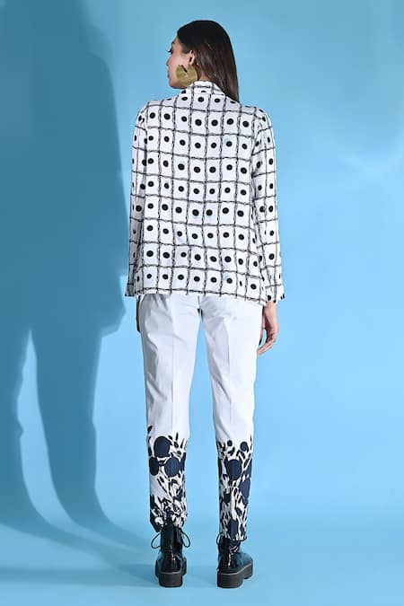 Shop_Jyoti Sachdev Iyer_White Cotton, Bamboo V-neck Geometric Print Jacket And Trouser Set _at_Aza_Fashions