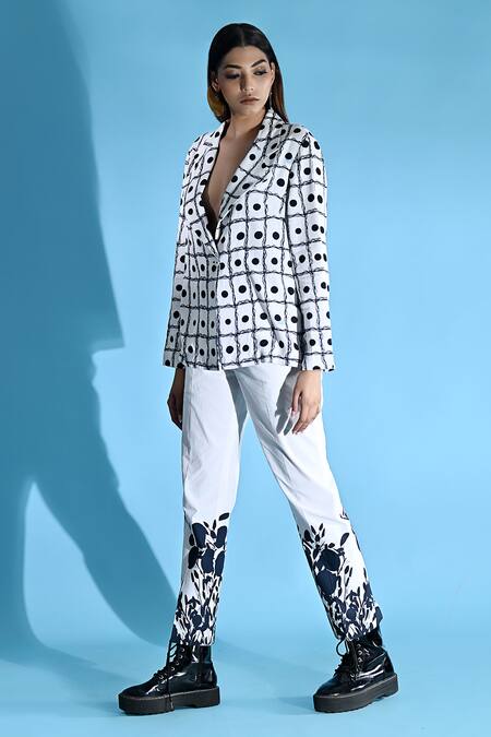 Shop_Jyoti Sachdev Iyer_White Cotton, Bamboo V-neck Geometric Print Jacket And Trouser Set _Online_at_Aza_Fashions