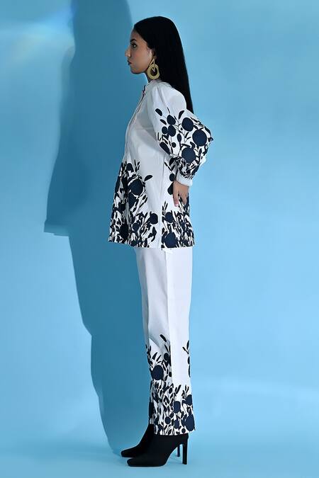 Shop_Jyoti Sachdev Iyer_White Cotton Bandeau Neck Floral Print Top And Trouser Set _Online_at_Aza_Fashions