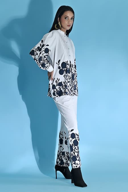 Jyoti Sachdev Iyer_White Cotton Bandeau Neck Floral Print Top And Trouser Set _at_Aza_Fashions