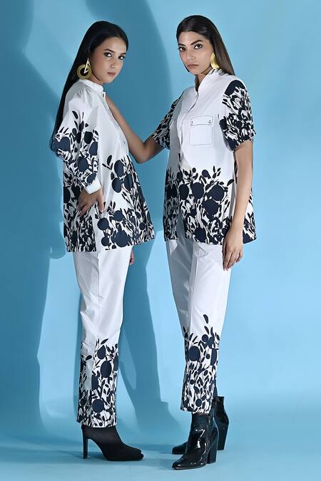 Buy_Jyoti Sachdev Iyer_White Cotton Bandeau Neck Floral Print Top And Trouser Set 