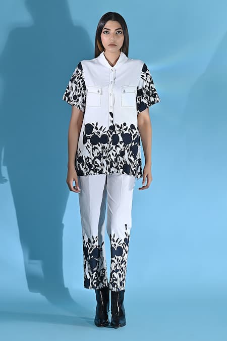 Jyoti Sachdev Iyer White Cotton Bandeau Neck Floral Print Top And Trouser Set 