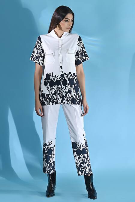 Shop_Jyoti Sachdev Iyer_White Cotton Bandeau Neck Floral Print Top And Trouser Set _Online_at_Aza_Fashions