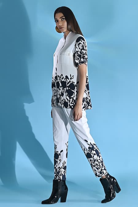 Jyoti Sachdev Iyer_White Cotton Bandeau Neck Floral Print Top And Trouser Set _at_Aza_Fashions