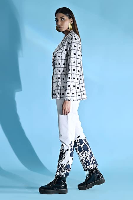 Jyoti Sachdev Iyer White Cotton, Bamboo Collared Geometric Print Jacket And Trouser Set 