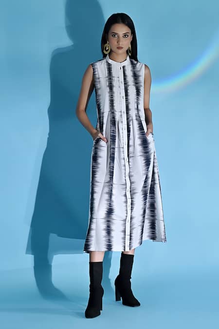 Jyoti Sachdev Iyer White Cotton Bandeau Neck Abstract Print Pintuck Dress 