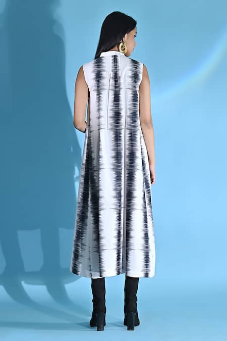 Shop_Jyoti Sachdev Iyer_White Cotton Bandeau Neck Abstract Print Pintuck Dress _at_Aza_Fashions