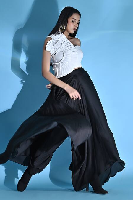 Jyoti Sachdev Iyer White Cotton Asymmetric Pleated Structured Top And Flared Trousers Set 