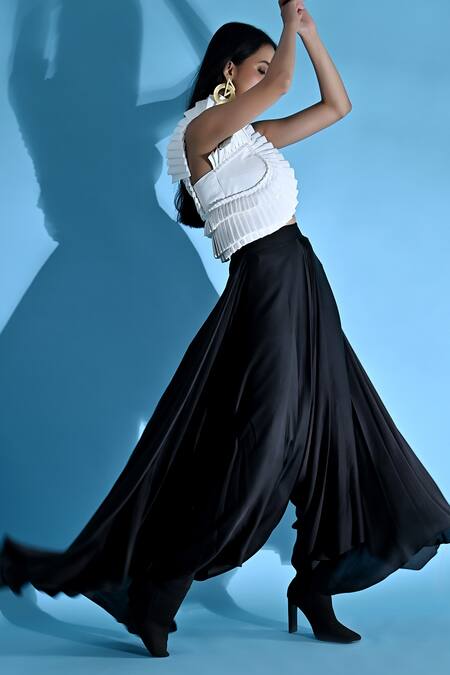 Jyoti Sachdev Iyer_White Cotton Asymmetric Pleated Structured Top And Flared Trousers Set _Online_at_Aza_Fashions