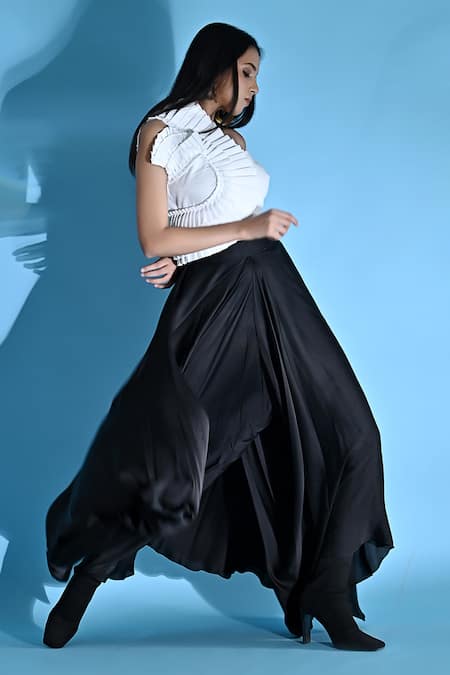 Shop_Jyoti Sachdev Iyer_White Cotton Asymmetric Pleated Structured Top And Flared Trousers Set _Online_at_Aza_Fashions