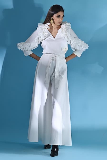 Jyoti Sachdev Iyer White Cotton Embroidery V-neck Ruffle Top And Pant Set 