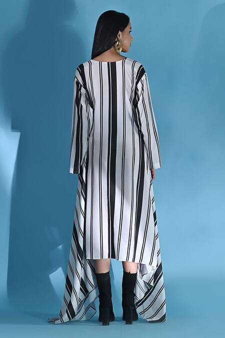 Shop_Jyoti Sachdev Iyer_White Cotton V-neck Stripe Print Kaftan _at_Aza_Fashions