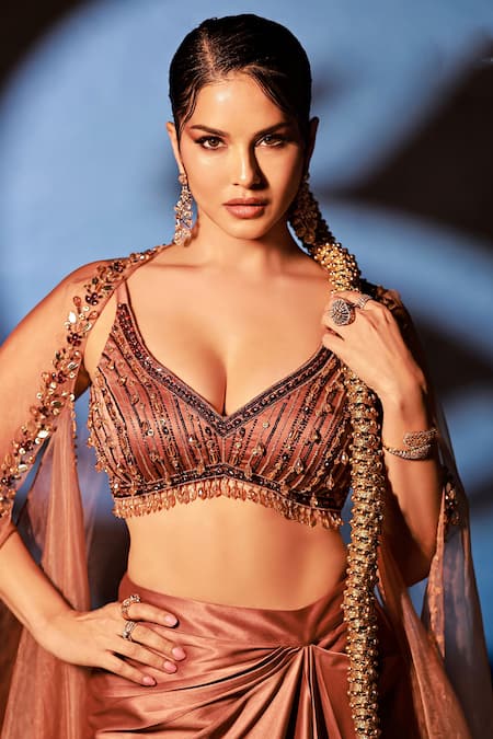 Buy_Divya Aggarwal_Brown Satin, Organza Beads, Tassels Plunge Neck Debro Cape Skirt Set 