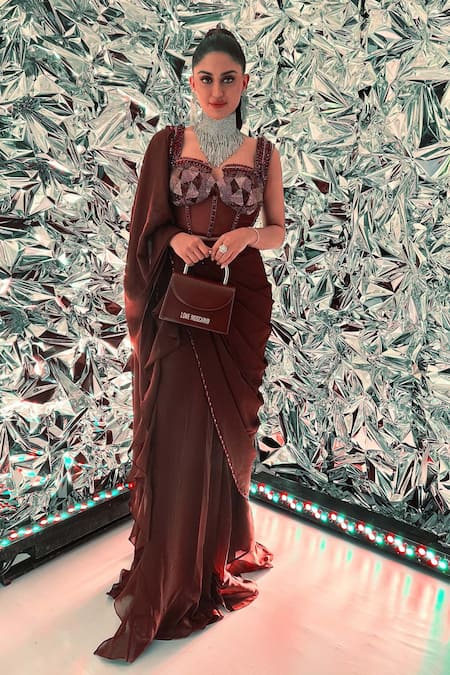 Shop Divya Aggarwal Wine Georgette, Satin, Lycra Vero Pre-draped Saree With Embellished Blouse Shop_Divya Aggarwal_Wine Georgette, Satin, Lycra Vero Pre-draped Saree With Embellished Blouse