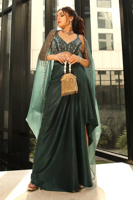 Divya Aggarwal Green Satin Crystals, Sequins Vivien Hand Embroidered Sheer Cape Skirt Set at Aza Fashions Divya Aggarwal_Green Satin Crystals, Sequins Vivien Hand Embroidered Sheer Cape Skirt Set _at_Aza_Fashions