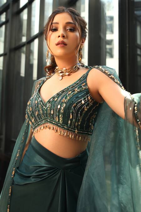 Buy Divya Aggarwal Green Satin Crystals, Sequins Vivien Hand Embroidered Sheer Cape Skirt Set Buy_Divya Aggarwal_Green Satin Crystals, Sequins Vivien Hand Embroidered Sheer Cape Skirt Set