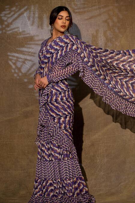 Divya Aggarwal_Purple Georgette, Chiffon Rosario Pre-draped Swirl Print Saree With Blouse _at_Aza_Fashions