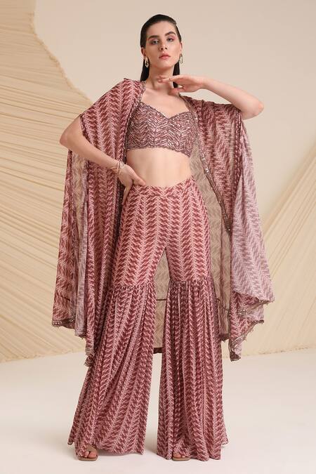 Shop_Divya Aggarwal_Purple Georgette Printed Bustier Sweetheart Neck Aubree Cape With Sharara Set 