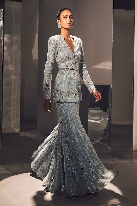 Shop Ritika Mirchandani Blue Net Embellished Crystal V Elif Geometric Kurta With Sharara at Aza Fashions Shop_Ritika Mirchandani_Blue Net Embellished Crystal V Elif Geometric Kurta With Sharara _at_Aza_Fashions