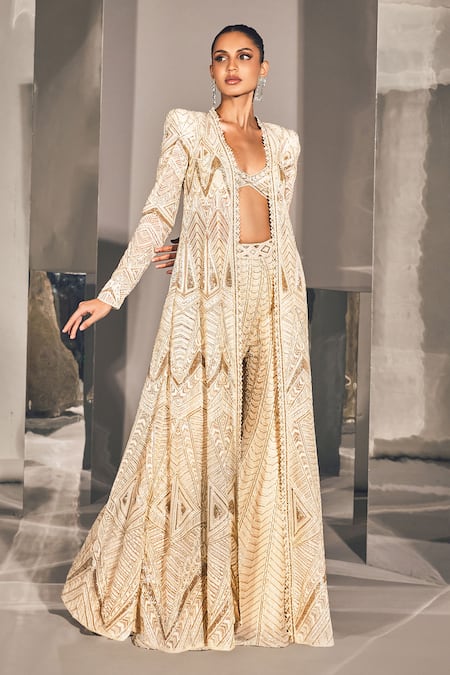 Ritika Mirchandani Ivory Net Embellished Crystal Jacket Open Azra Sharara Set  