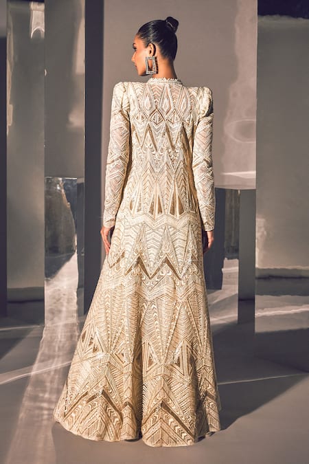 Shop Ritika Mirchandani Ivory Net Embellished Crystal Jacket Open Azra Sharara Set at Aza Fashions Shop_Ritika Mirchandani_Ivory Net Embellished Crystal Jacket Open Azra Sharara Set _at_Aza_Fashions