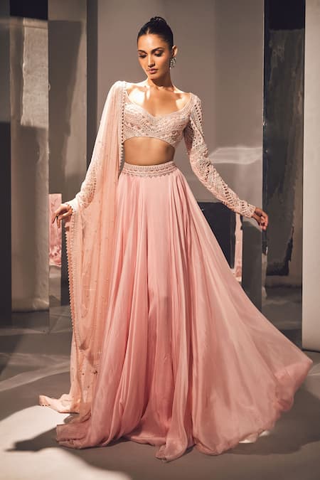 Ritika Mirchandani Pink Net Embellished Crystal V Neck Derya Geometric Blouse Skirt Set 