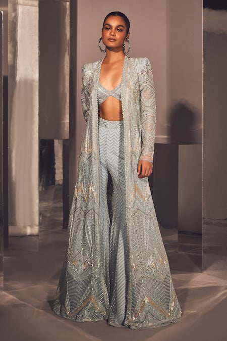 Ritika Mirchandani Blue Net Embroidered Geometric V Zaynep Long Jacket And Sharara Set  