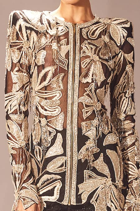 Ritika Mirchandani_Black Net, Crepe, Georgette Embroidery, Kiraz Floral Kurta And Sharara Set _Online_at_Aza_Fashions