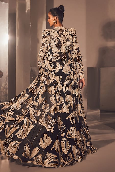 Ritika Mirchandani_Black Net, Georgette, Crepe Embroidery, Seda Floral Long Jacket And Sharara Set _Online_at_Aza_Fashions