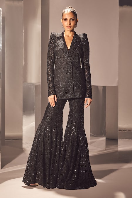 Ritika Mirchandani Black Net Embroidered Pinar Abstract Cutwork Blazer And Sharara Set  