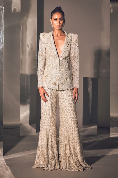 Ritika Mirchandani Silver Net Embroidered Lale Abstract Cutwork Blazer And Sharara Set  