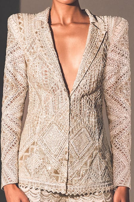 Shop Ritika Mirchandani Silver Net Embroidered Lale Abstract Cutwork Blazer And Sharara Set at Aza Fashions Shop_Ritika Mirchandani_Silver Net Embroidered Lale Abstract Cutwork Blazer And Sharara Set _at_Aza_Fashions