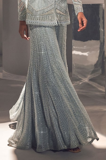 Buy Ritika Mirchandani Blue Net Embellished Crystal V Elif Geometric Kurta With Sharara Online at Aza Fashions Buy_Ritika Mirchandani_Blue Net Embellished Crystal V Elif Geometric Kurta With Sharara _Online_at_Aza_Fashions