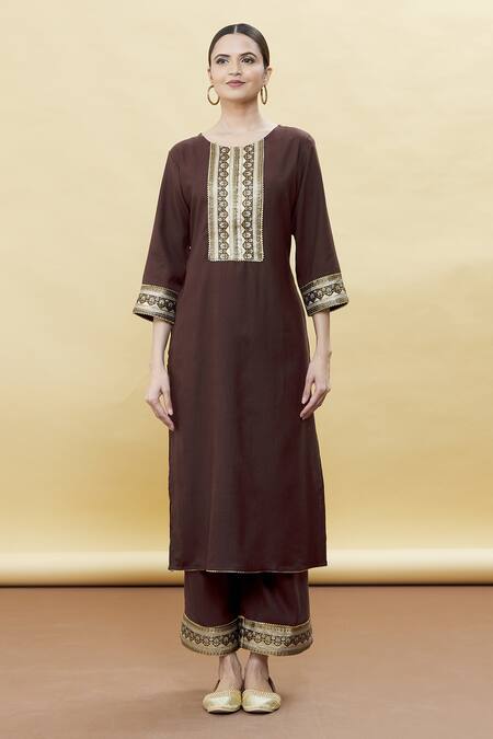 Samyukta Singhania_Brown , Satin, Silk Patchwork, Pattern Straight Kurta Set_Online_at_Aza_Fashions