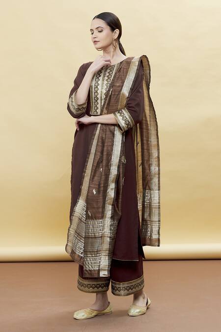 Buy_Samyukta Singhania_Brown , Satin, Silk Patchwork, Pattern Straight Kurta Set_Online_at_Aza_Fashions