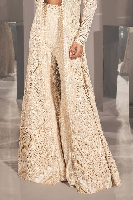 Ritika Mirchandani_Ivory Net Embellished Crystal Jacket Open Afet Cutwork Sharara Set  _Online_at_Aza_Fashions