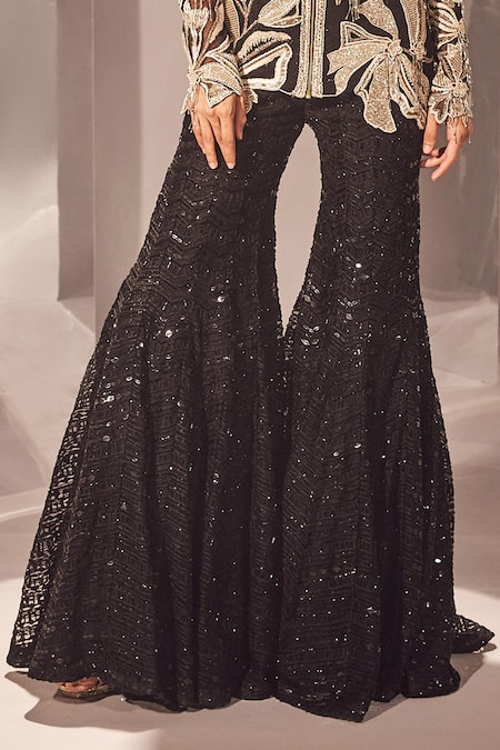 Buy_Ritika Mirchandani_Black Net, Crepe, Georgette Embroidery, Kiraz Floral Kurta And Sharara Set _Online_at_Aza_Fashions