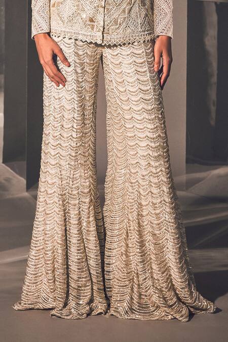 Ritika Mirchandani Silver Net Embroidered Lale Abstract Cutwork Blazer And Sharara Set Online at Aza Fashions Ritika Mirchandani_Silver Net Embroidered Lale Abstract Cutwork Blazer And Sharara Set _Online_at_Aza_Fashions