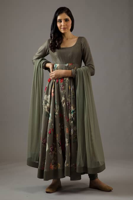 Balance by Rohit Bal Grey Chanderi Silk Printed Floral Scoop Neck Anarkali Set 