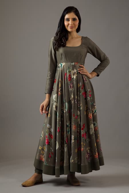 Balance By Rohit Bal_Grey Chanderi Silk, Net, Cotton Embroidery Scoop Neck Printed Anarkali Set _Online_at_Aza_Fashions
