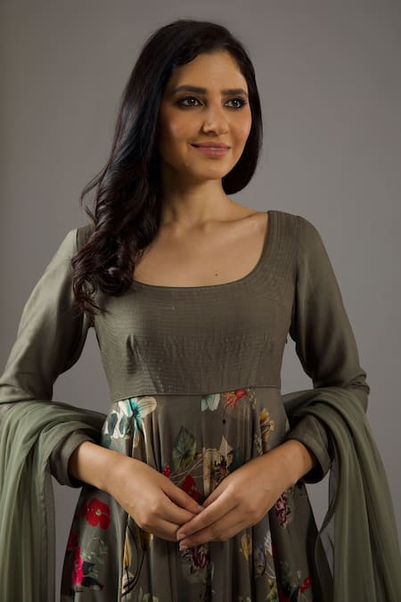 Buy_Balance By Rohit Bal_Grey Chanderi Silk, Net, Cotton Embroidery Scoop Neck Printed Anarkali Set _Online_at_Aza_Fashions