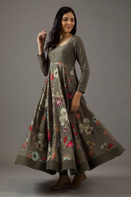 Buy_Balance By Rohit Bal_Grey Chanderi Silk, Net, Cotton Embroidery Scoop Neck Printed Anarkali Set 