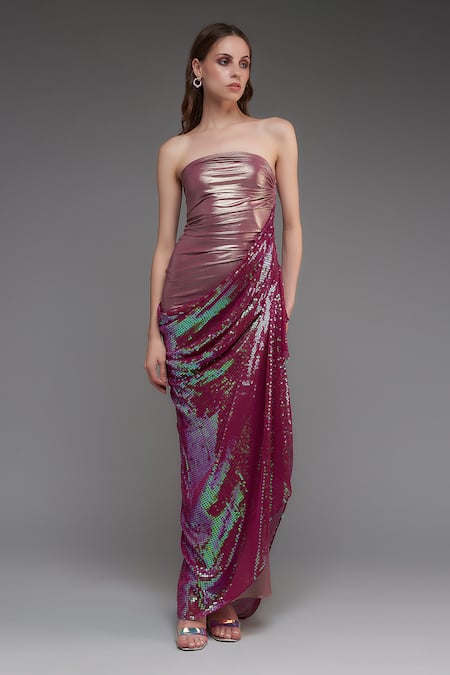 Cham Cham Magenta Sequins Draped Strapless Gown 