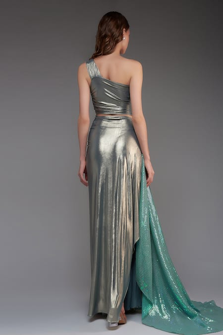 Shop Cham Cham Blue Silk Metallic Thread, Sequins One Shoulder Draped Skirt With Top at Aza Fashions Shop_Cham Cham_Blue Silk Metallic Thread, Sequins One Shoulder Draped Skirt With Top _at_Aza_Fashions