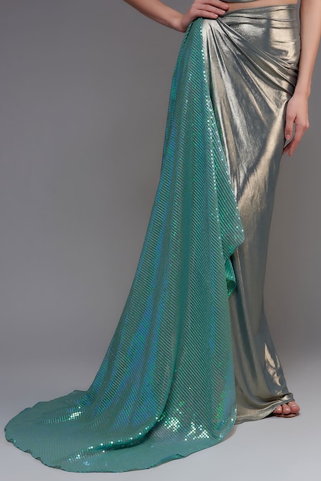 Buy Cham Cham Blue Silk Metallic Thread, Sequins One Shoulder Draped Skirt With Top Online at Aza Fashions Buy_Cham Cham_Blue Silk Metallic Thread, Sequins One Shoulder Draped Skirt With Top _Online_at_Aza_Fashions